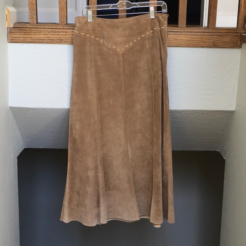 Tan suede midi skirt from Anthropologie
